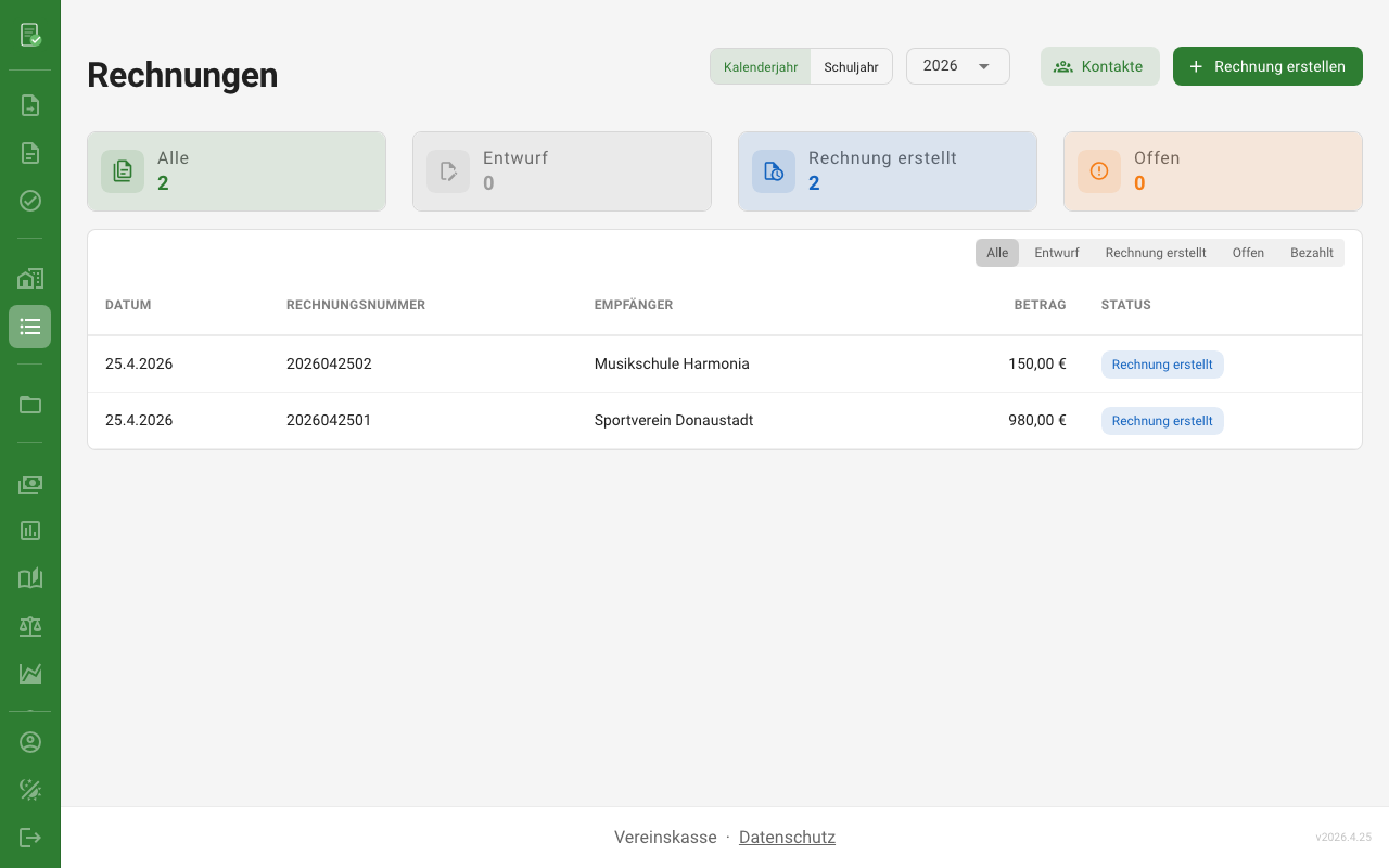 Rechnungsgenerator in Vereinskasse