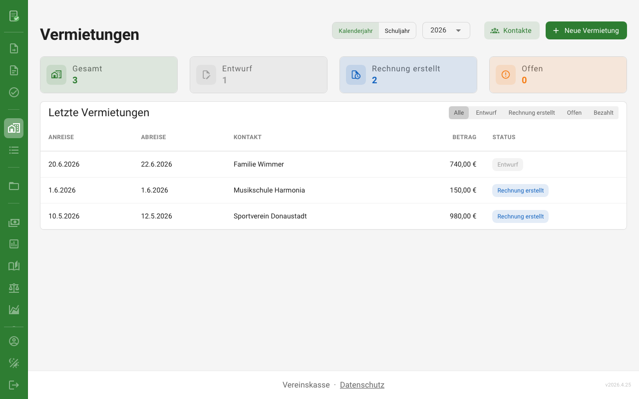 Vermietungsverwaltung in Vereinskasse